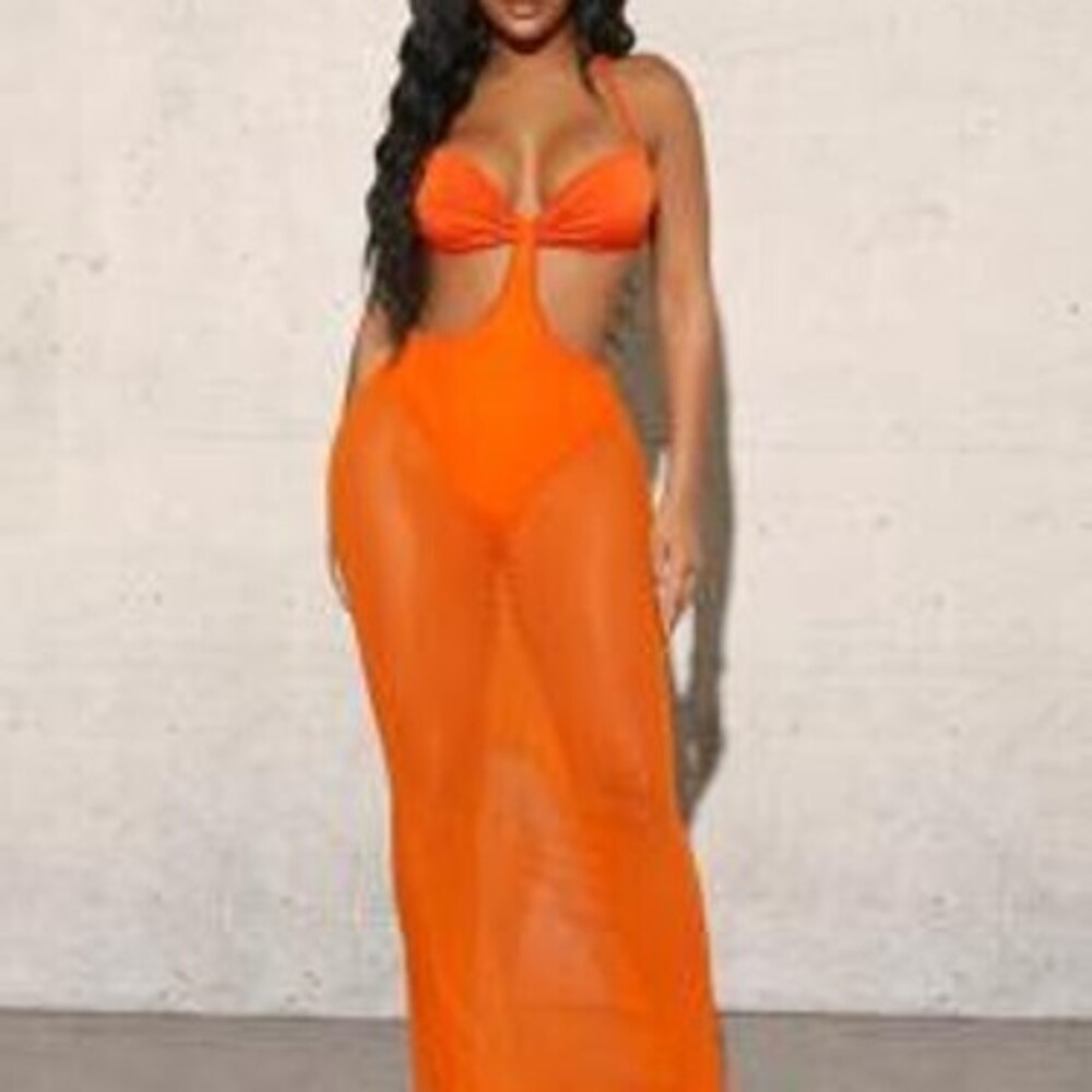SHEIN SXY Ruched Bust Tie Backless Split Hem Panty Insert Halter Mesh Dress